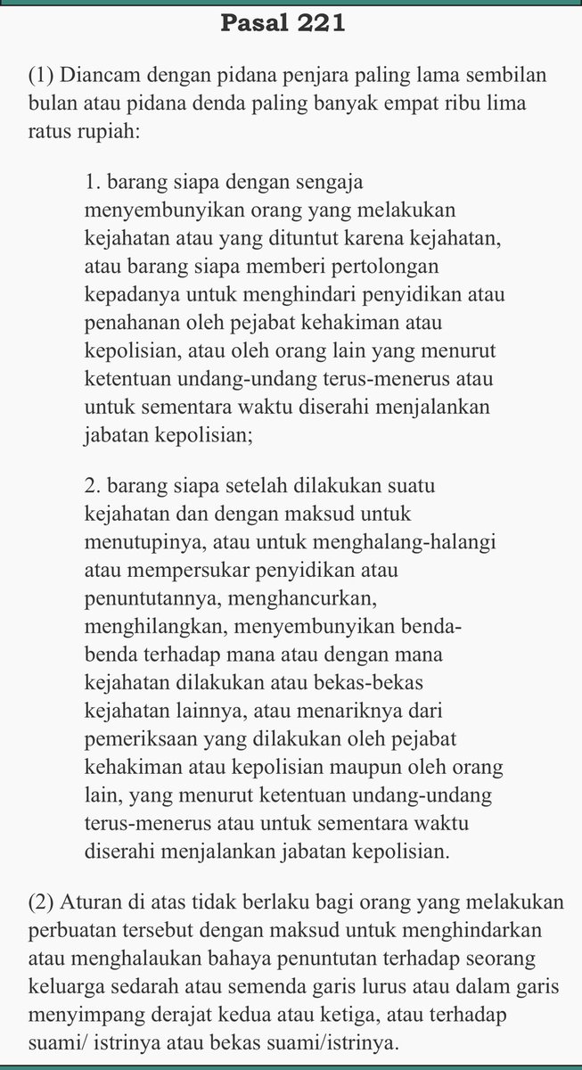 nazaqistsha's tweet photo. 1. Obstraction of justice  / OJ (menghalangi keadilan)
Dlm tindak pidana korupsi perbuatan tsb diatur dlm delik khusus, yaitu Pasal 21 UU TPK, brgkl krn mmg perbuatan tsb dlm perkara korupsi dianggap sering dilakukan.
Pada tindak pidana umum, hal tsb dipidana dgn Pasal 221 KUHP. https://t.co/4tdZrv1Sgs