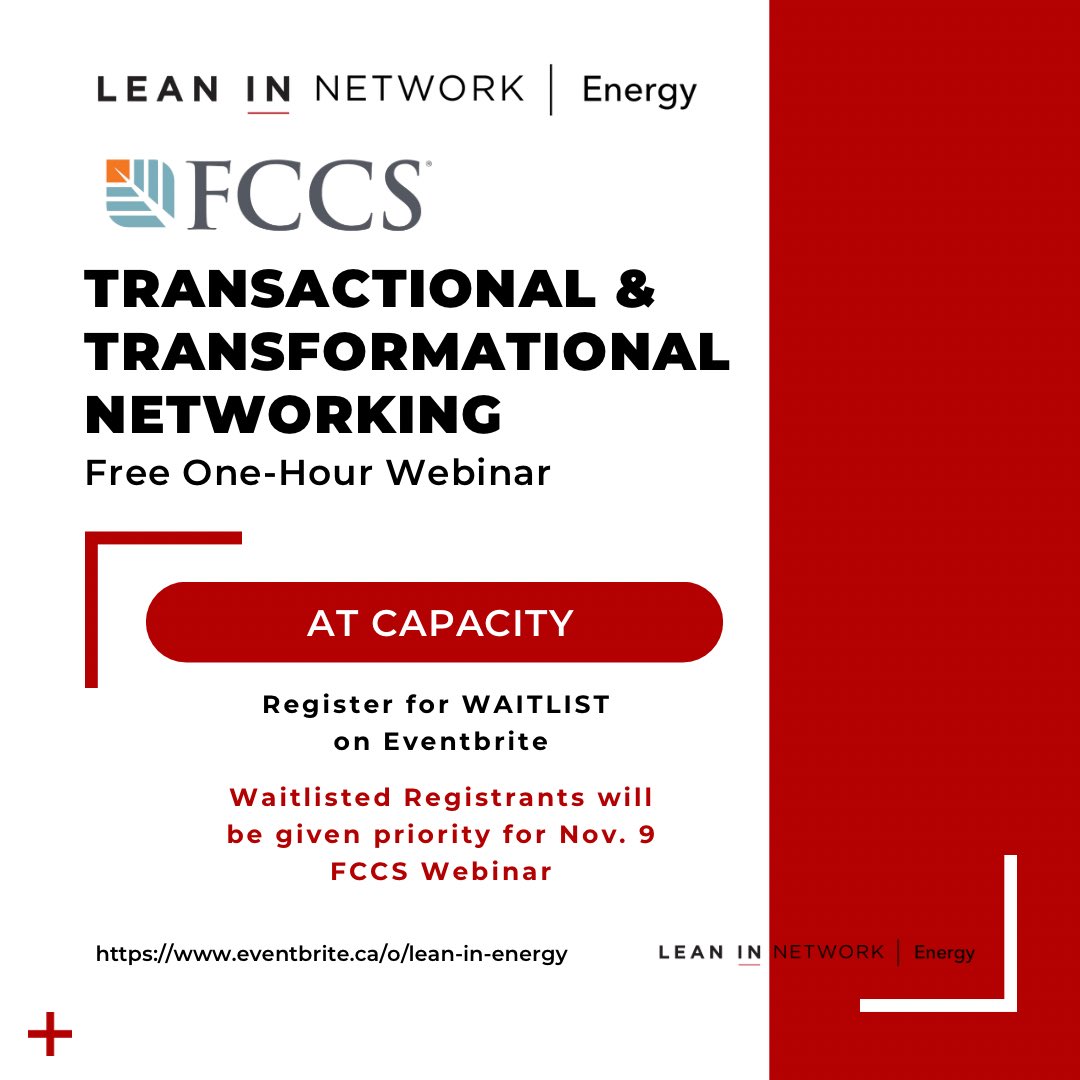 leaninenergy's tweet photo. Will you be joining us tomorrow morning to explore transactional and transformative networking?
Waitlist registrants will be given priority for the Nov.9 FCC webinar.
https://t.co/W9oj8MxEuX
#leanin #leaninnetwork #leaninenergy #fccs #consulting #transactional #JoinUs https://t.co/dA2bW7meKe