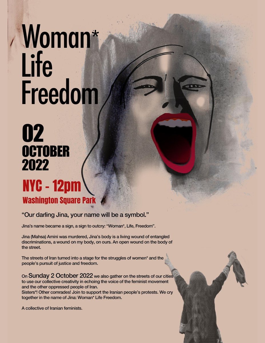 RahaCollective's tweet photo. Iranian feminists call for an international day of action

All those in solidarity are welcome!

PLEASE SHARE WIDELY &amp; JOIN US:
Sunday, October 2, at 12 noon
Washington Square Park, NYC, under the arch https://t.co/inVp3hod84