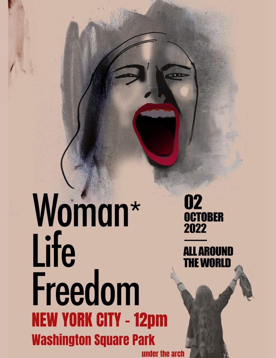 RahaCollective's tweet photo. Iranian feminists call for an international day of action

All those in solidarity are welcome!

PLEASE SHARE WIDELY &amp; JOIN US:
Sunday, October 2, at 12 noon
Washington Square Park, NYC, under the arch https://t.co/inVp3hod84