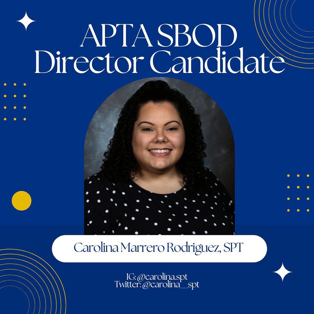 dpt_caro's tweet photo. Hi everyone! I am very excited to announce that I have been slated for the Director position on next year’s APTA Student Board of Directors.
Stay tuned throughout October as we lead up to the elections to learn more about me, as well as the other candidates (1/2) https://t.co/ey4Co3c2aW