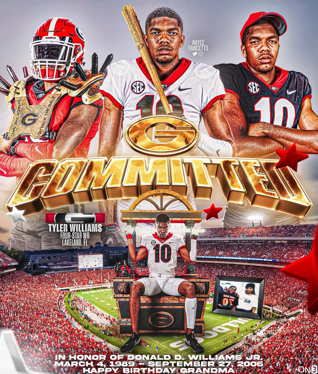 Hayesfawcett3's tweet photo. BREAKING: Four-Star WR Tyler Williams has Committed to Georgia!

The 6’4 207 WR from Lakeland, FL chose the Bulldogs over Miami, Clemson, South Carolina, and Texas A&amp;M.

More Here (FREE): https://t.co/nO5KwM3thN https://t.co/3xukU0ng5R