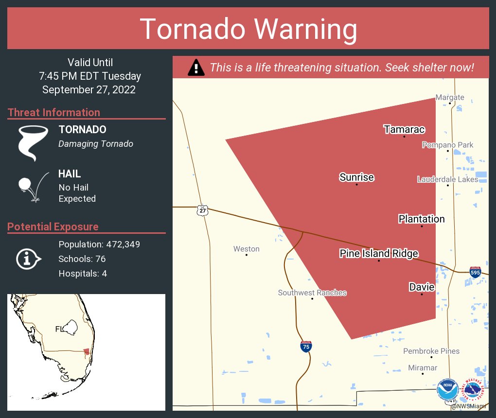 NWStornado's tweet photo. Tornado Warning continues for Davie FL, Plantation FL and  Sunrise FL until 7:45 PM EDT https://t.co/HmLtMCq5oC