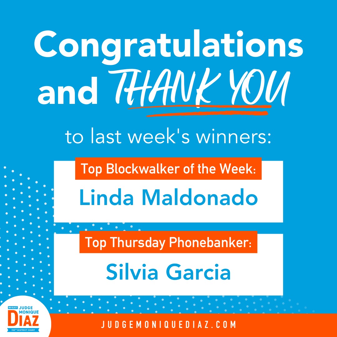 JudgeDiazTX's tweet photo. It's that time again! If you're wondering how you can do your part, the answer is always - volunteer! We are giving away gift cards to two people who canvass the most voters EVERY week.

Join us for- 

Block Waking:https://t.co/BDyvNdgFcH

Phone Banking: https://t.co/94pjndS06u https://t.co/4ugP2D4jXw