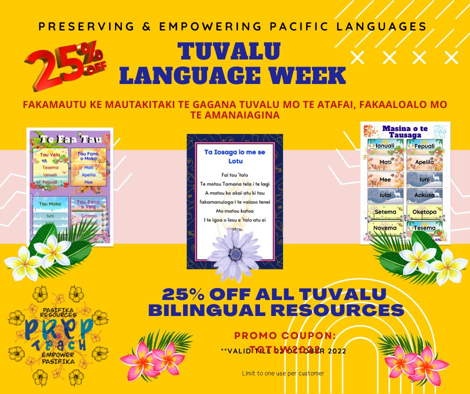 prep_teach's tweet image. Tuvalu Language Week Sale!

To celebrate the week of Te Gana Tuvalu, 25 Sep - 1 Oct 2022, Pasifika Resources, Empower Pasifika - PREP TEACH, is having a sale of 25% off all Tuvalu bilingual resources.

PROMO code: TGTLW2022