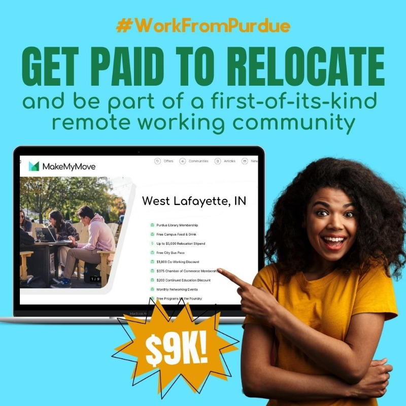 makemymoveusa's tweet photo. The #WorkFromPurdue program for remote workers offers incentives valued up to $9,000! Learn more...