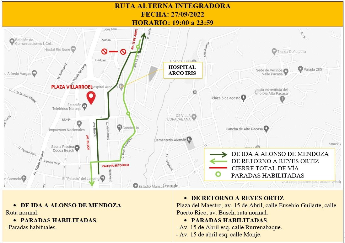 LaPazBUS's tweet photo. 📆 27/09/2022 19.20
🚧 ⚠️ Atención usuarios de la ruta #Integradora debido al CIERRE DE VÍAS en inmediaciones de POLICLÍNICO VILLA FÁTIMA nuestros buses toman la siguiente ruta alterna. https://t.co/AicJI7tHLH