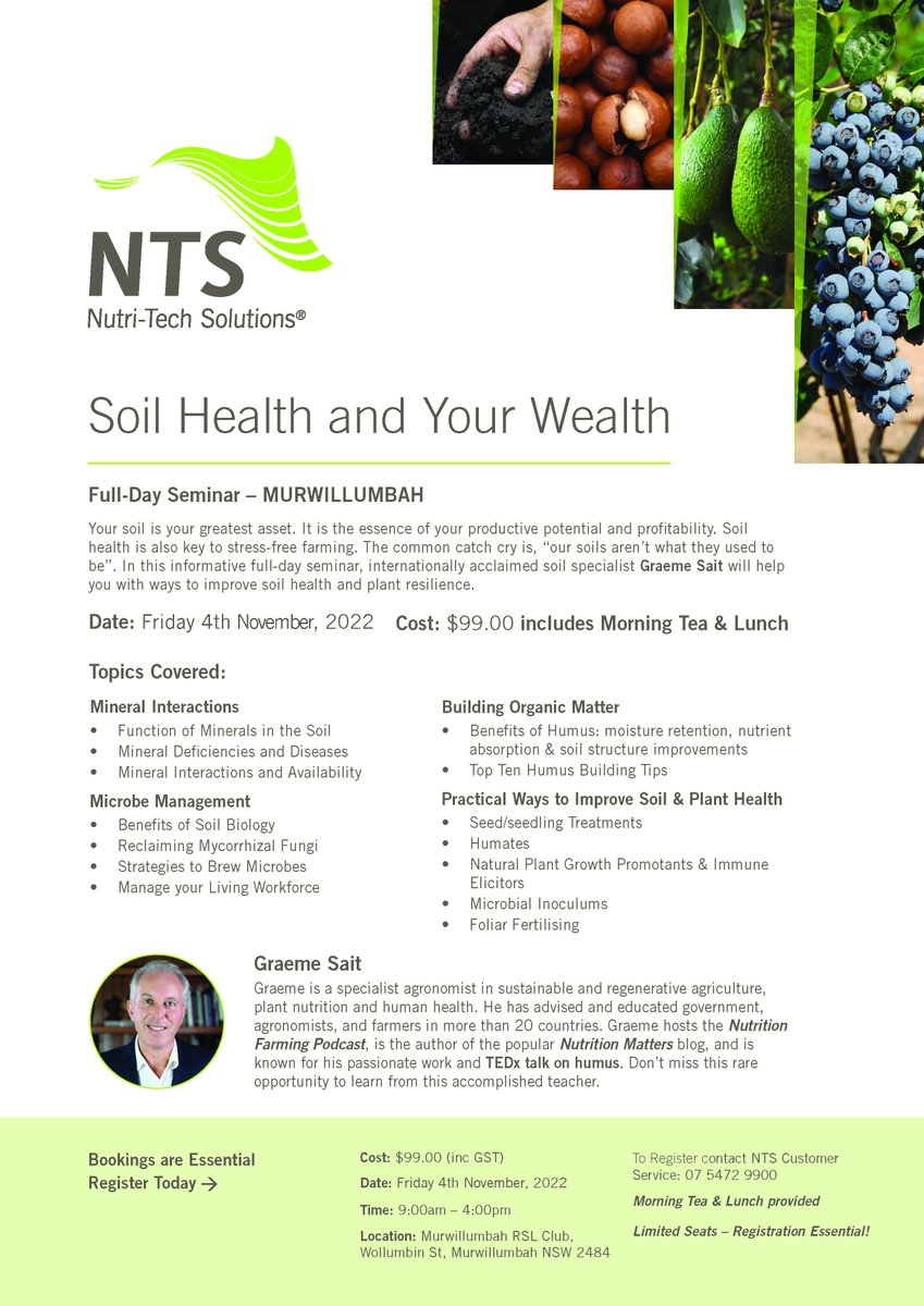 ntsaustralia's tweet photo. On 4 November NTS are hosting a Soil Health and Your Wealth Full Day Seminar in Murwillumbah NSW.

Soil health is key to stress-free farming. Graeme Sait will help you with ways to improve soil health and plant resilience. https://t.co/qzFWzquO7B