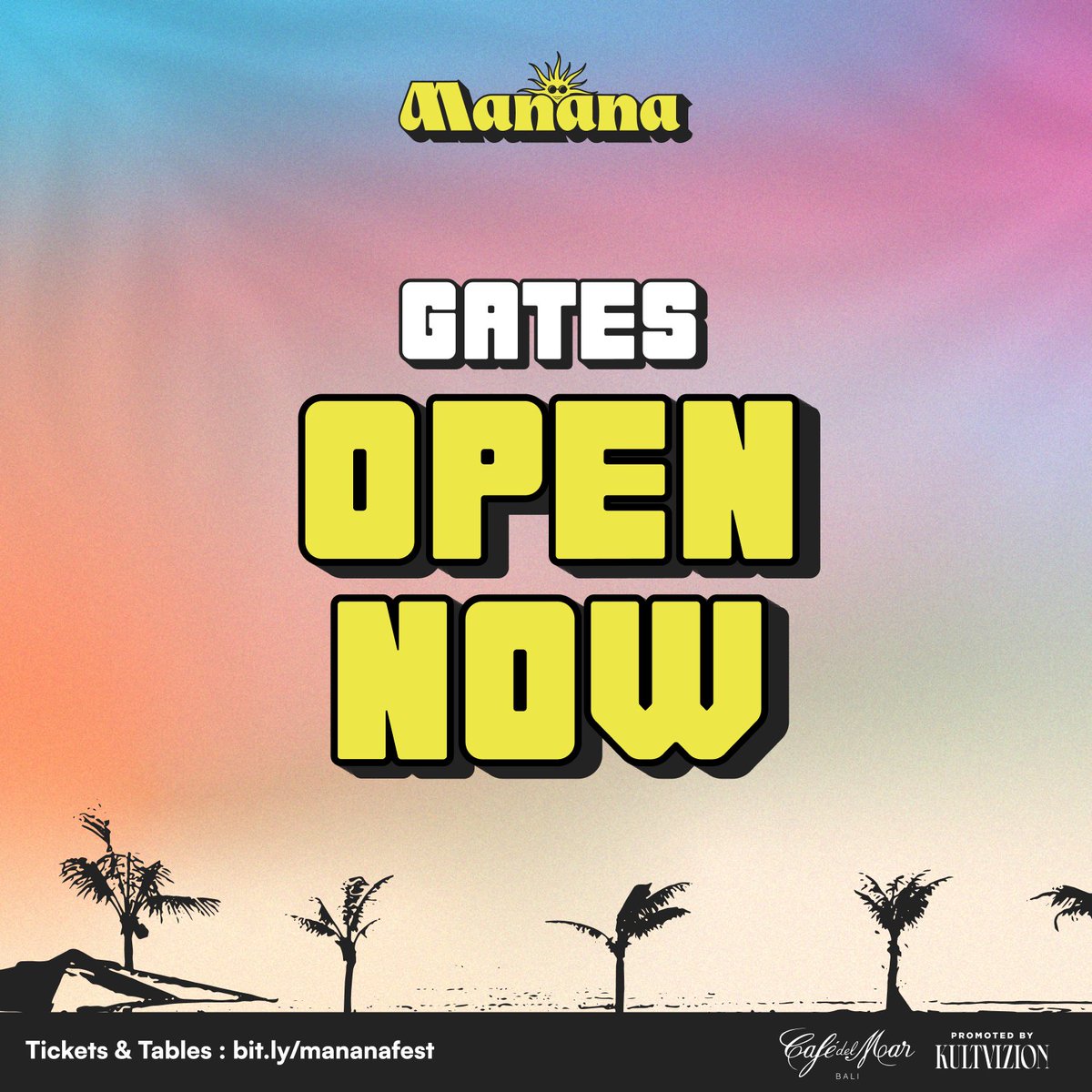 Welcome back to Manana Fest!

Gates are open now, so step in and be transported into a magical world of white and blue at Cafe Del Mar as your favorite artists take you on a musical ride 🌊

Tickets &amp; RSVP : bit.ly/mananafest

#MananaBali2022