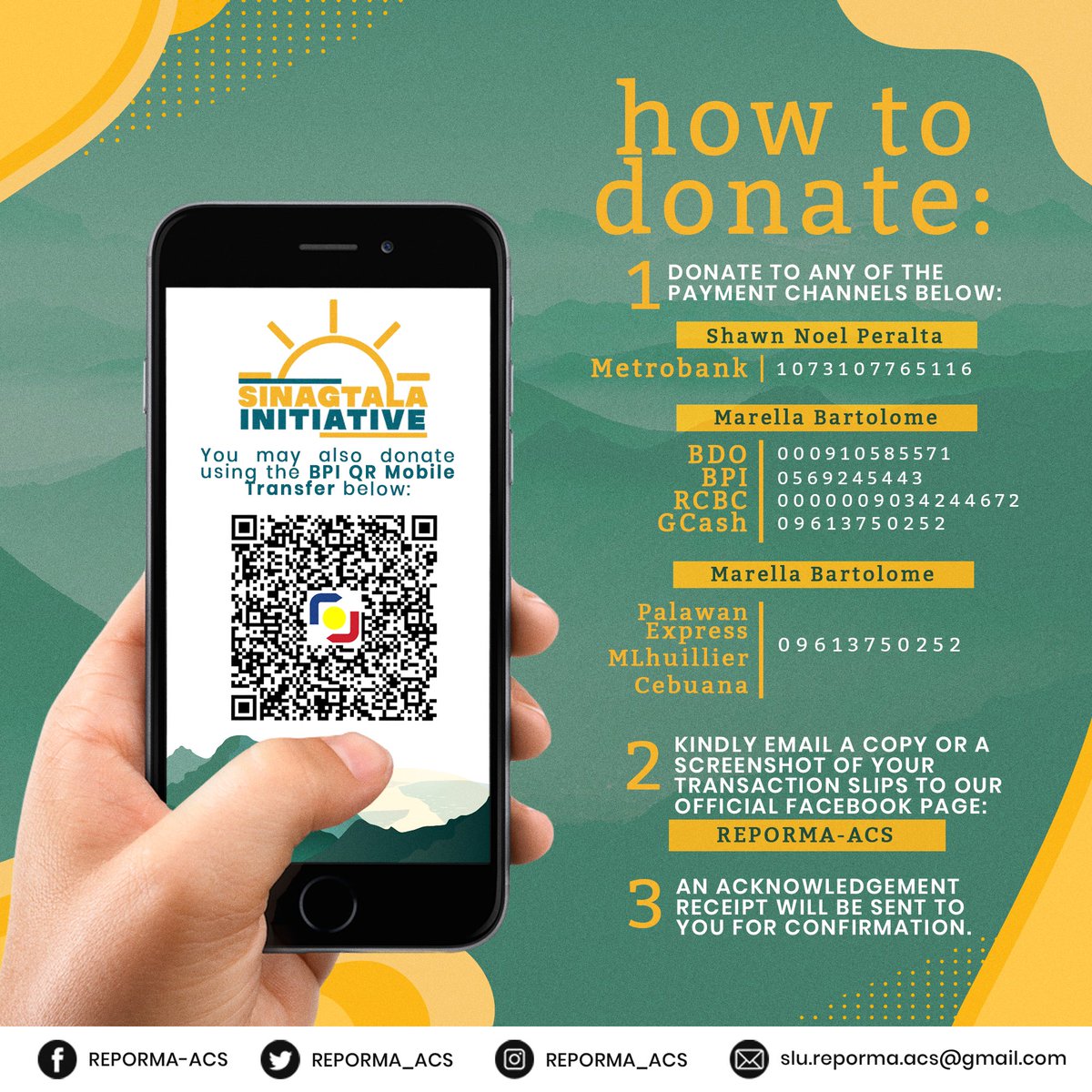 REPORMA_ACS's tweet photo. [PROJECT AGAPAY FOR THE VICTIMS OF #KardingPH]

Sama-sama nating tulungan muli ang ating mga kababayan mula sa sakuna. Maari kayong makapag-abot ng mga donasyon sa pamamagitan ng mga sumusunod na channels.

#SinagtalaInitiative
#ProjectAgapay
#TumitindigSumusulong 
#REPORMAACS https://t.co/xdqWhHtzrv