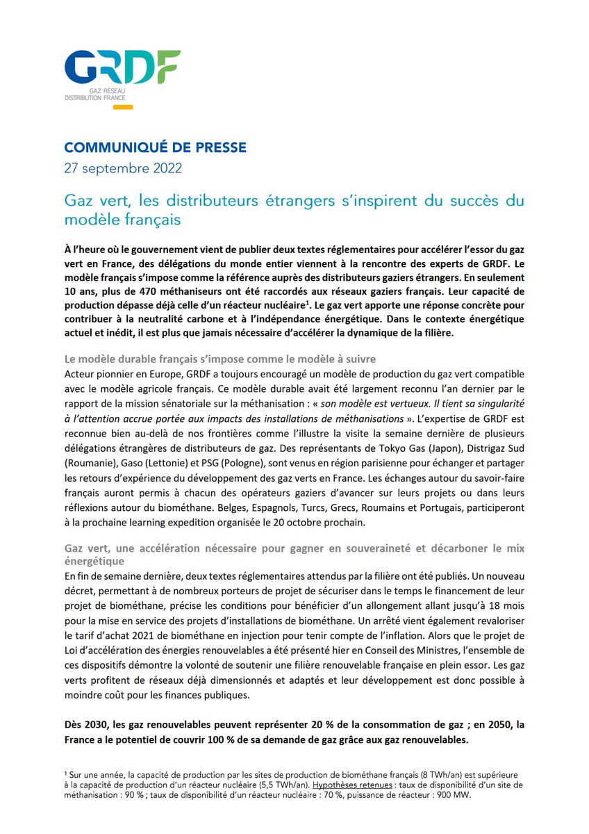 Le modèle français 🇫🇷 du développement du #GazVert s’impose comme la référence auprès des distributeurs gaziers étrangers, avec des délégations du monde entier venues à la rencontre des experts de #GRDF.
 ➡️ bit.ly/3DXMxDC 
#EnR #Energie #TransitionEcologique