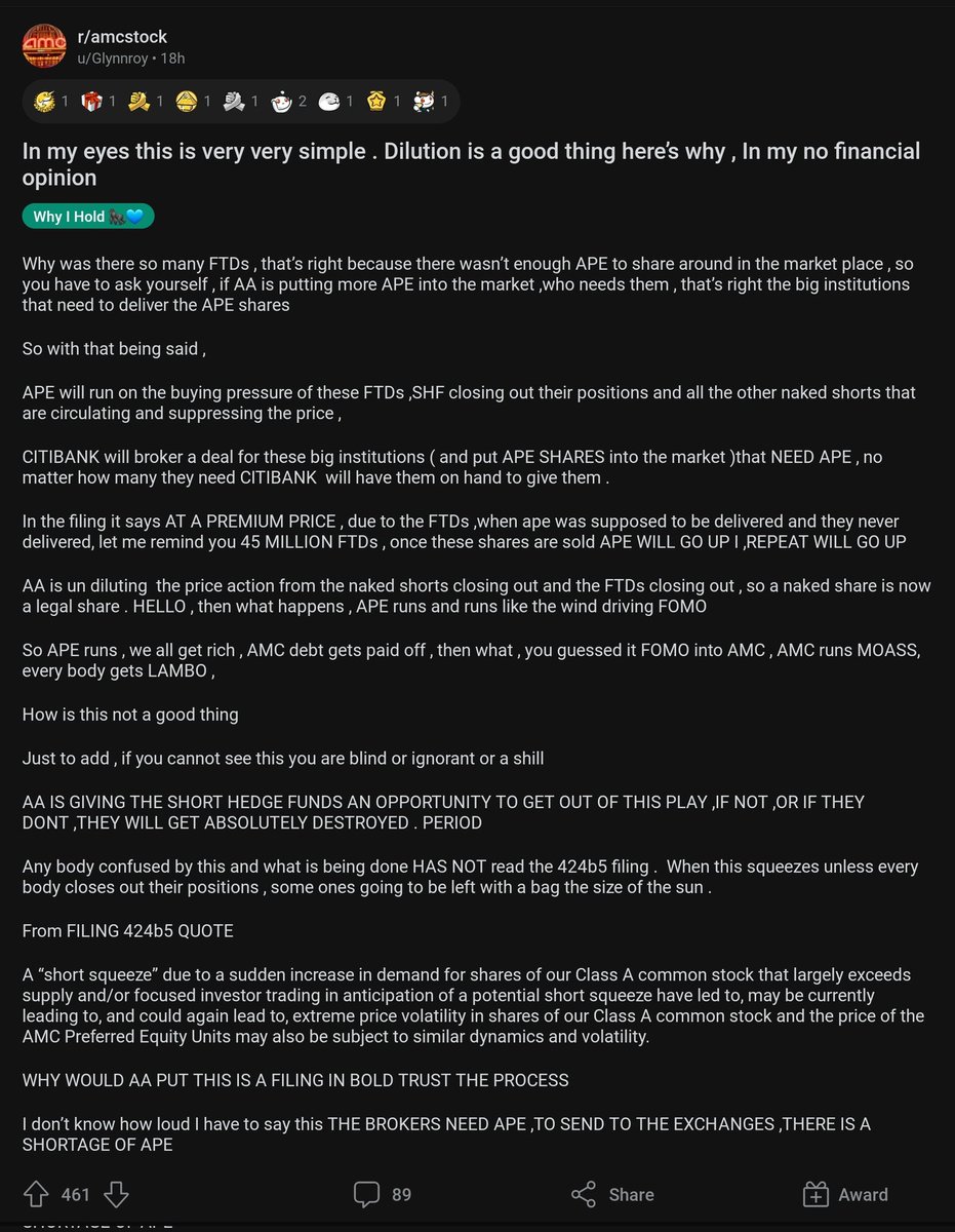 UTopia1201's tweet photo. For those doubting $APE, this reddit post clears all the FUD on dilution. #MOASS awaits!
$AMC #AMC https://t.co/FIwSUtItB4