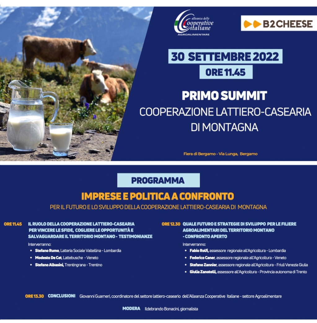 confcoopbg's tweet photo. Primo summit della Cooperazione lattiero casearia di montagna a Bergamo il 30 settembre. Promosso dalle @CooperativeITA nel corso di #B2Cheese, sarà un momento di riflessione con al centro il mondo cooperativo, in particolare chi opera in territori complessi come quelli montani. https://t.co/rmaQTsZJiJ