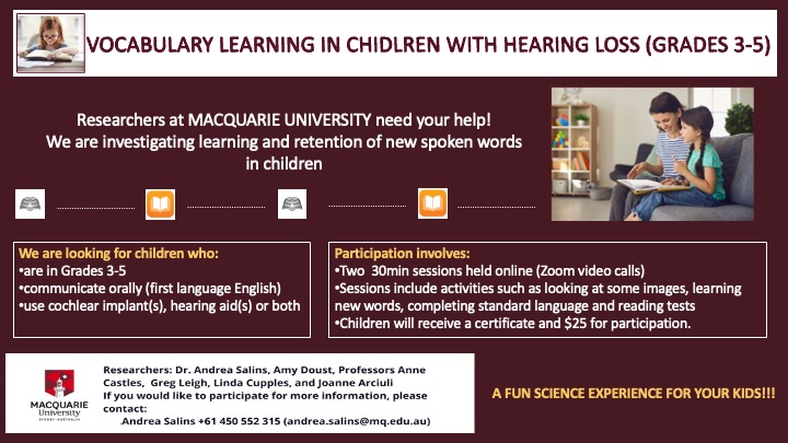 MQCReading's tweet image. MQCR researcher @SalinsAndrea is looking for children with hearing loss in Grades 3-5 in 2022 to participate in a new study. Children receive a $25 e-voucher for their participation. Please see the flyer below.