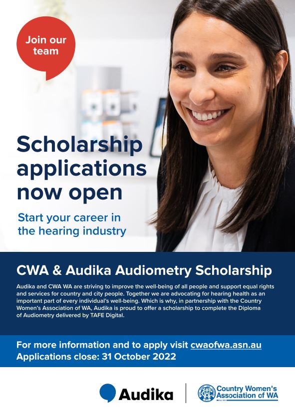CWA of WA and Audika Scholarship applications close on 31 October 2022! 
Visit CWA of WA cwaofwa.asn.au to download the application form today 💙🙌#cwaofwa #audika #scholarships
