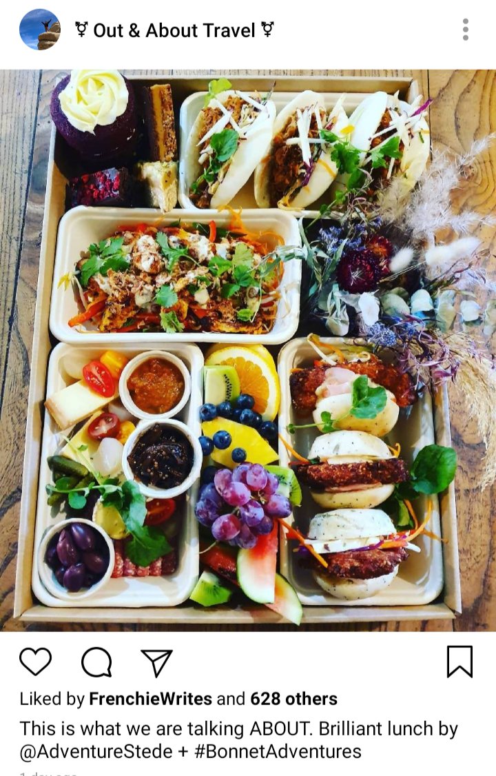 Olu's instagram, picture of food. caption reads 'this is what we are talking about. Brillian lunch by @AdventureStede and #BonnetAdventures'