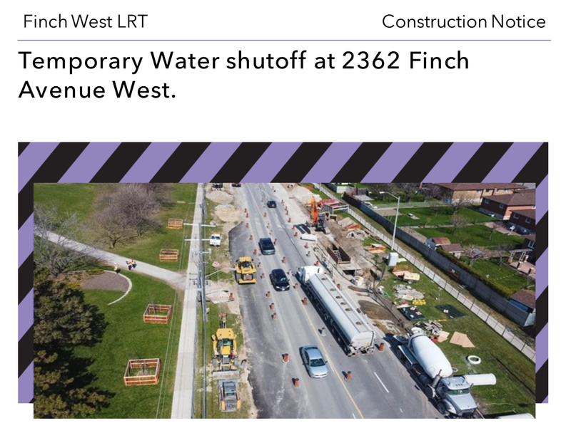 LOCATIONS:

Finch Avenue West: 2362

DETAILED DESCRIPTION:

As part of the Finch West Light Rail Transit (LRT)

emeryvillagebia.ca/temporary-wate…
