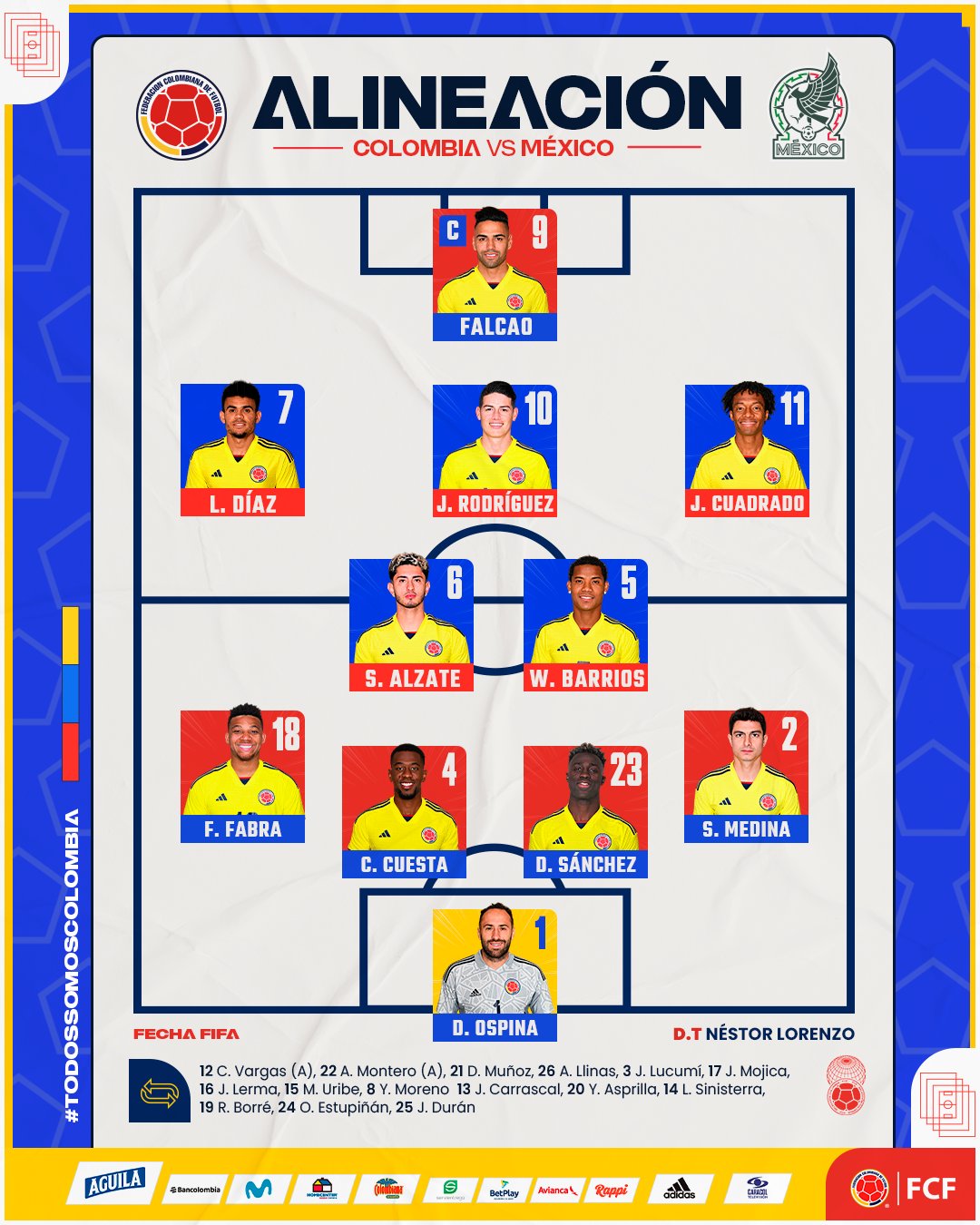 Alineación de Colombia vs. México en la Fecha FIFA