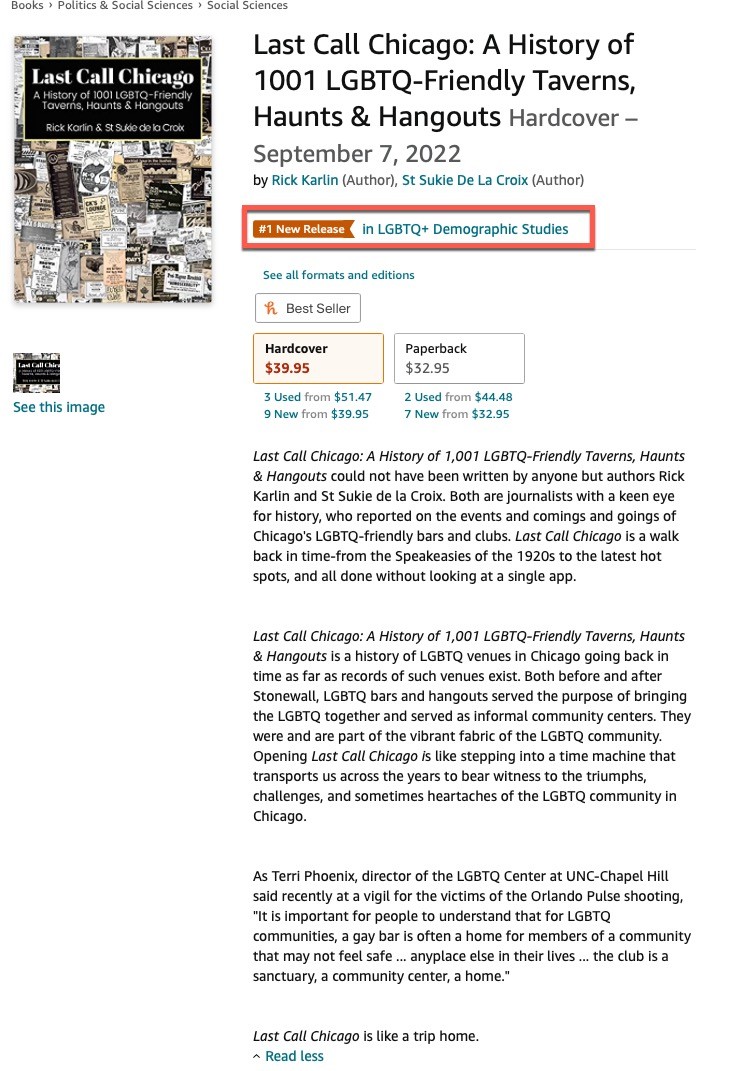 Our new book, "Last Call Chicago: A History of 1001 LGBTQ-Friendly Taverns, Haunts &amp; Hangouts," hit #1 on Amazon today!