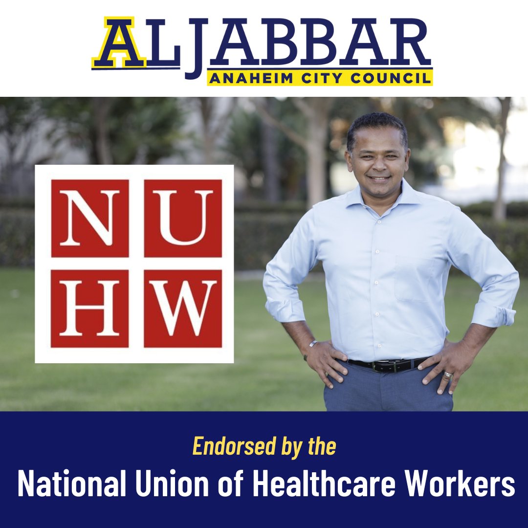 JoinAlJabbar's tweet photo. I'm grateful to NUHW for their endorsement. Our health care workers are heroes, and they deserve fair pay, workplace dignity, and quality benefits that support their livelihoods and their families. I look forward to advocating for health care workers on the Anaheim City Council. https://t.co/jKjVGjd7xi