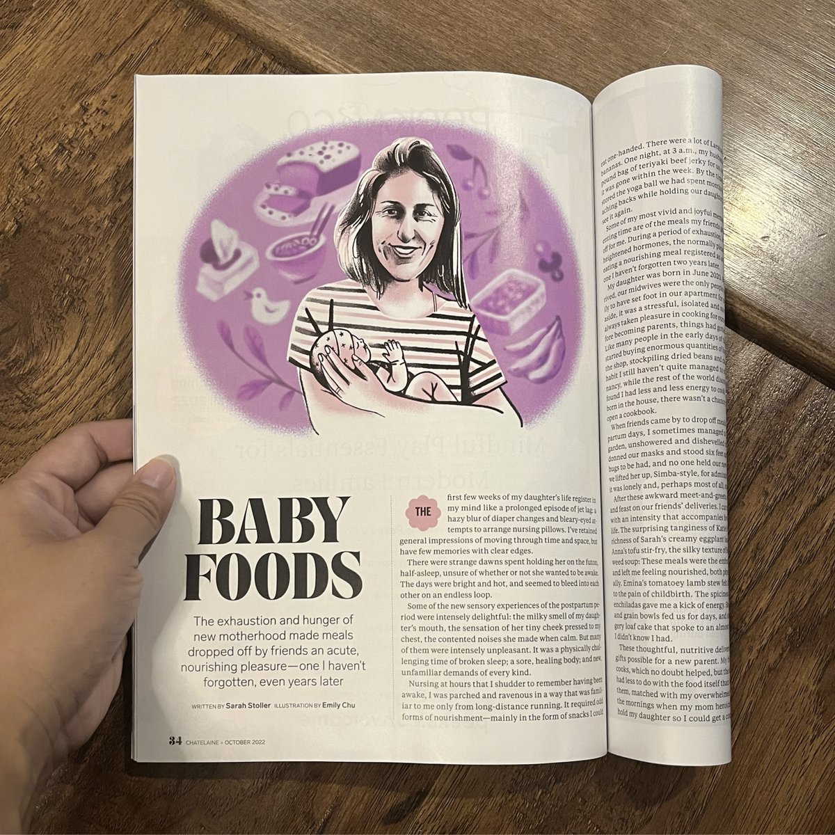 Illo for @Chatelaine's The Food Memoir: 'Baby Foods' by Sarah Stoller. Memories of motherhood through single-handed foods, meals from friends/family, costco beef jerky 🍎👶🏼🥯🍼🥡🍲 Sounds relatable, and brings back some forgotten memories 😴 Thanks to AD Aimee Nishitoba!