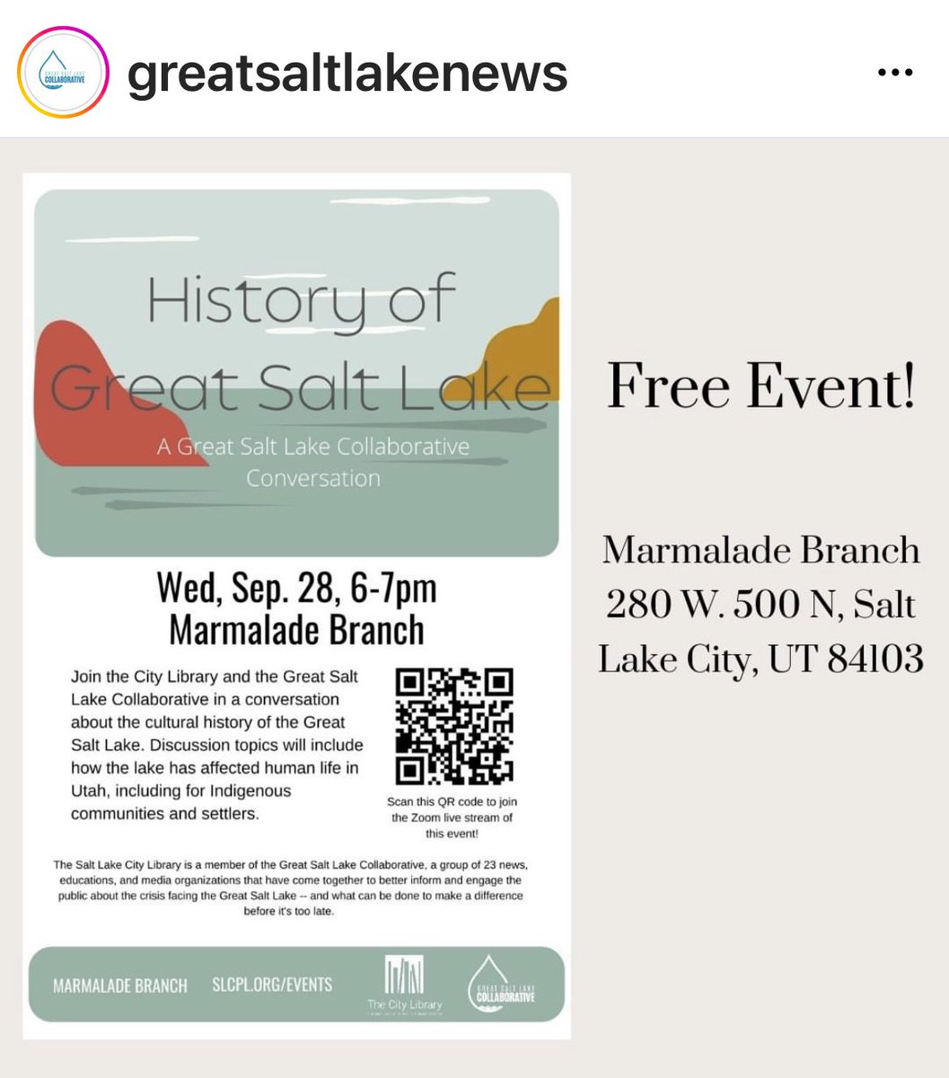 shoshonelder's tweet photo. Please join Dr Greg Gregory E. Smoak, Director of the American West Center at the University of Utah and myself for a discussion about the Great Salt Lake tomorrow night. https://t.co/31WrIkIccU