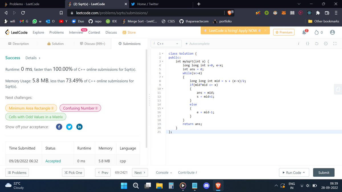 SumrenderS's tweet photo. Day 90 of 100 Days of Code
@CodeinCommunity @MinutesCoding
Q. sqrt(x)
Code: https://t.co/cvcMOUWmKa
Discord community: https://t.co/MMcOpdlIX2
#100daysofcodechallenge #codeincommunity #codein100daysofcode #s100daysofcode #coding https://t.co/7UMZLgZxdO