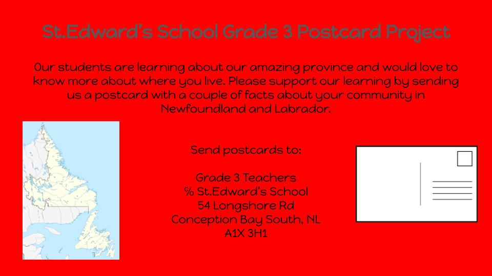Please support our Grade 3s by sending us a postcard. Please share and retweet :) <a href="/StEdwardsSchool/">St.Edward'sSchool 🇺🇦</a> <a href="/3FIStEdwards/">Mme. Y. Anderson</a> <a href="/NLESDCA/">NLESD</a>