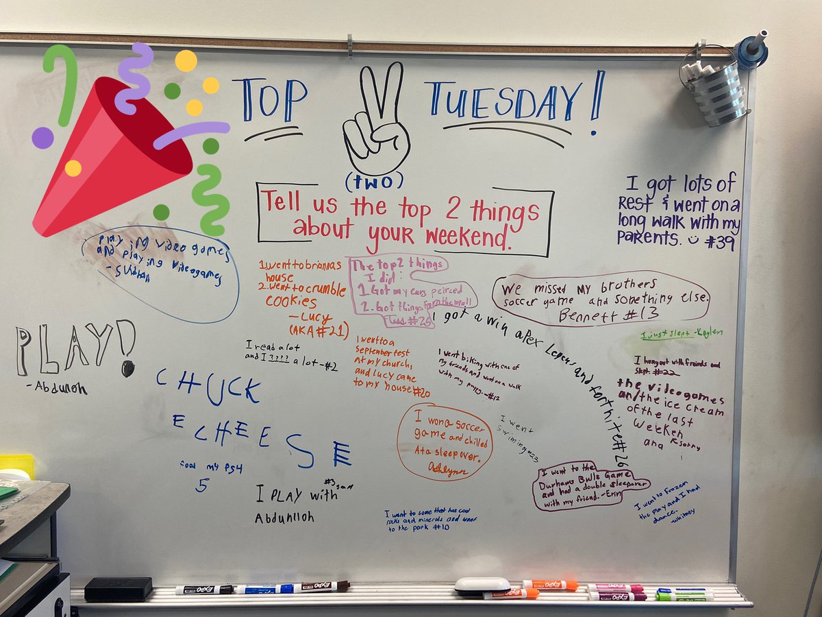 We love building our classroom community through whiteboard prompts! From playing and sleeping, to sports and Chuck E. Cheese, and everything in between, we all enjoyed sharing the top✌️things about our weekends this morning! #CrushingIt <a href="/ScottsRidgeES/">Scotts Ridge ES</a>