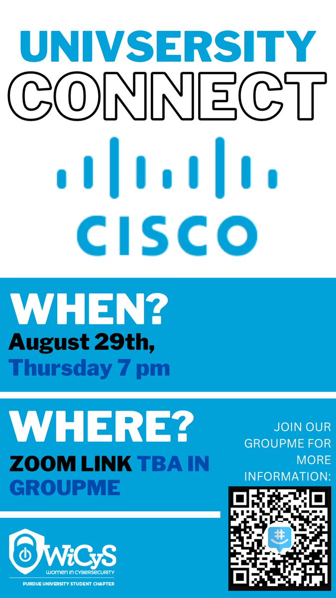 wicyspurdue's tweet photo. Join us for our Cisco University Connect session this Thursday to gain valuable insight from employees at Cisco. @Cisco #Wicys #WomenInSTEM #WicysPurdue https://t.co/Wso4l27TLo