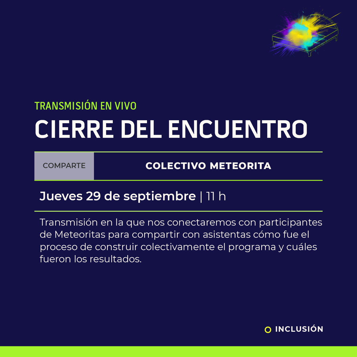 MeteoritaDisca's tweet photo. Previamente, tendremos una sesión de cierre pública a través de las redes del @CCDmx a las 11 h. Las participantes conversarán acerca de sus porqués y cómos para lograr este #EncuentroParaArmarUnaRevuelta. ¡Acompáñennos! https://t.co/Jq4cVtYzPp