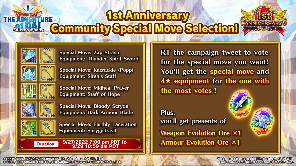 DQDaiHerosBonds's tweet photo. It's the 1st anniversary of #DQDaiMobile! β¨
Celebrate by voting in the #CommunitySpecialMoveSelection!
RT one of the tweets in this thread to vote for the special move you want!
Everyone will get the winning special move and 4β
equipment! π
Details: https://t.co/U3am49bDbX https://t.co/RZH67hmFTh
