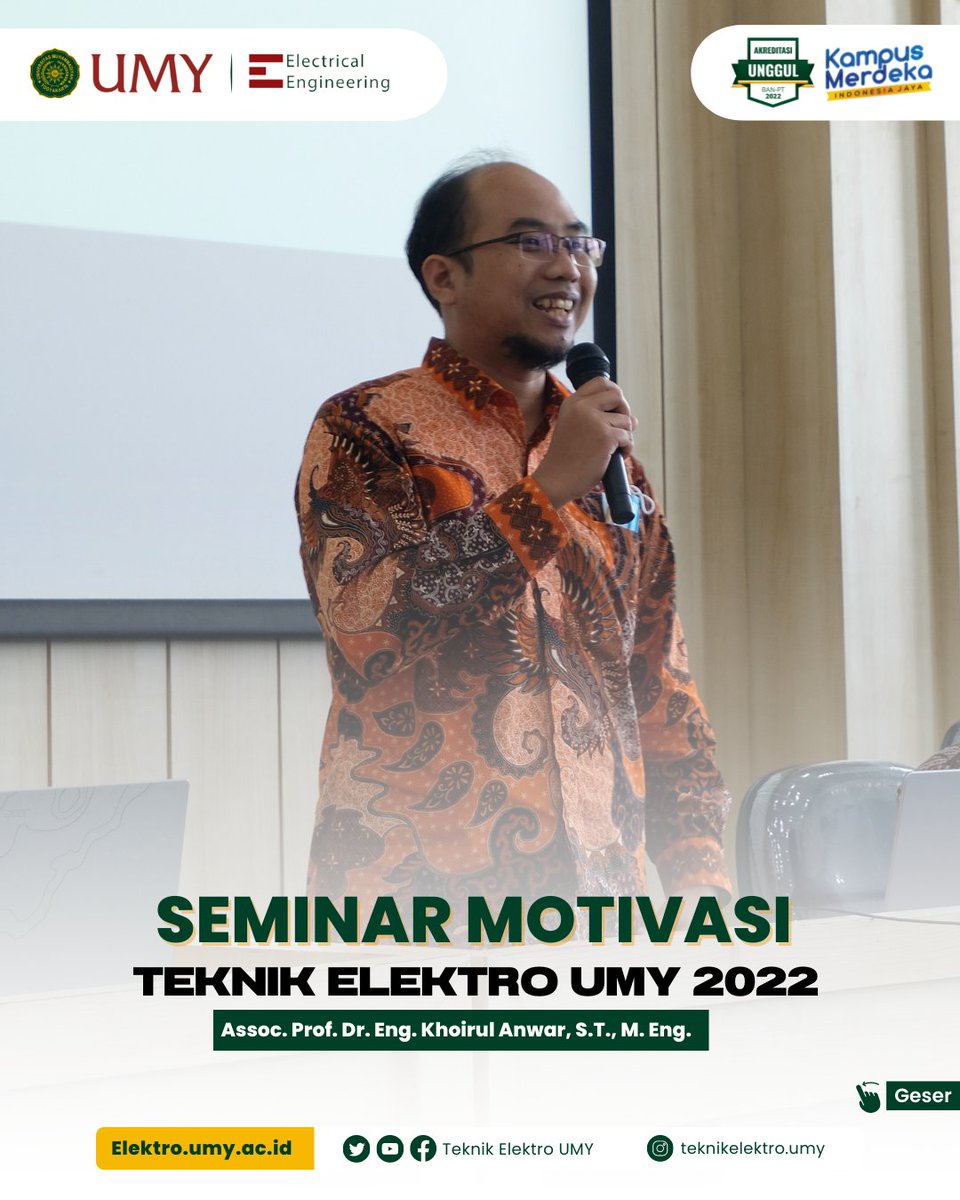 ElektroUMY's tweet photo. [DOKUMENTASI]

Seminar Motivasi Teknik Elektro UMY 2022 Bersama Assoc. Prof. Dr. Eng. Khoirul Anwar, S.T., M. Eng. dari Telkom University pada hari Selasa, 27 September 2022 di gedung KH.Ibrahim E7.B, Kegiatan ini dihadiri oleh mahasiswa baru angkatan 2022. https://t.co/4tVFmzv5Fv