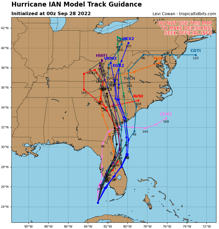 GCSCWX's tweet photo. 00z track guidance for Ian is in very good agreement on a landfall near Port Charlotte/Cape Coral/Fort Myers area tomorrow evening. https://t.co/WNOtZ5WCx9