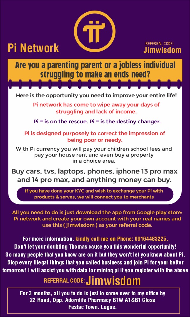 jimwisdom123's tweet photo. @pinetwork_world Pi network office in festac town. Lagos Nigeria. Is open from 2:pm - 6pm. Monday to Friday. We assist those who doesn't know how to process their kyc and the right id card to use. And we also help you to recover your lost account on Pi. Also a free hotspot to mine your Pi. https://t.co/3nuphuBEZQ