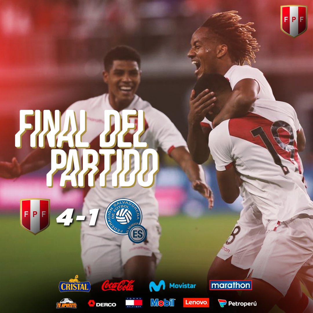 SeleccionPeru's tweet photo. ¡𝗚𝗔𝗡𝗔𝗠𝗢𝗢𝗢𝗢𝗢𝗦! ❤️🤍❤️

Cerramos nuestra gira por Estados Unidos con contundente triunfo.

@SeleccionPeru 🇵🇪 4-1 @LaSelecta_SLV 🇸🇻

¡Vamos 'blanquirroja'! 🗣

#ArribaPerú 💪🏻 https://t.co/E7BvSiaQu8