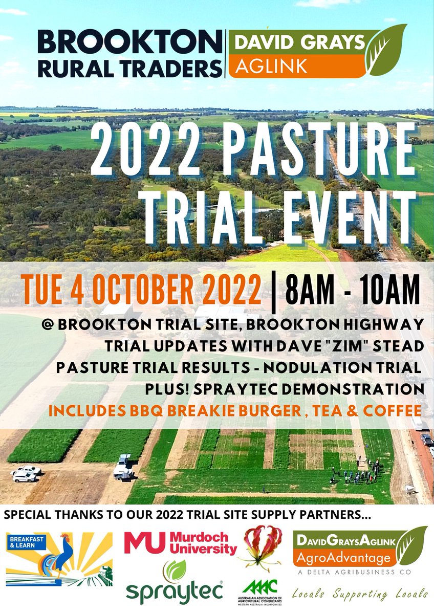 brookton_rural's tweet photo. Join us next Tue 4th Oct, at the Brookton Trial site on Brookton Hwy, south of the Brookton Country Club. From 8am grab a BBQ breakie burger, tea or coffee, from 8.30am, Dave Stead “Zim” will kick off the pasture trial update.  Plus Spraytec product demonstration 🌱 https://t.co/asL6JvzTBv