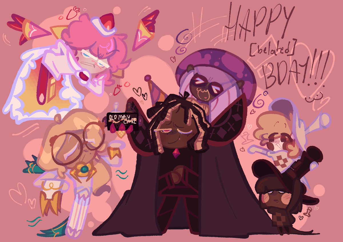 happy belated birthday to my favorite old man <3
[ #cookierun #darkchococookie #chesschococookie #earlgreycookie #strawberrycrepecookie  #poisonmushroomcookie ]