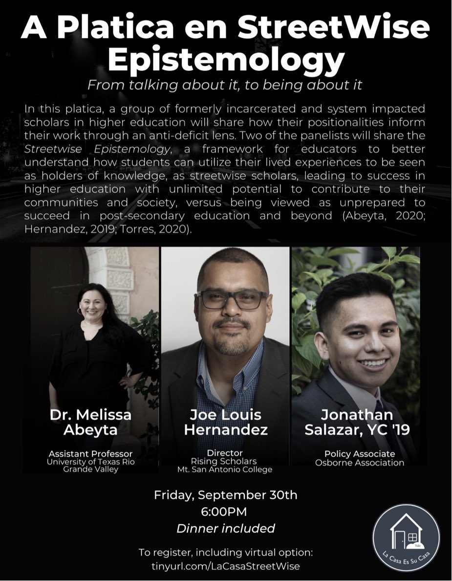MelissaAbeyta's tweet photo. Our plática en Streetwise Epistemology this Friday at Yale will be live streamed. You can register for free at:
https://t.co/Tus3aDbLRk
#formerlyincarcerated #systemimpacted #Streetwise https://t.co/JcS541FQeC