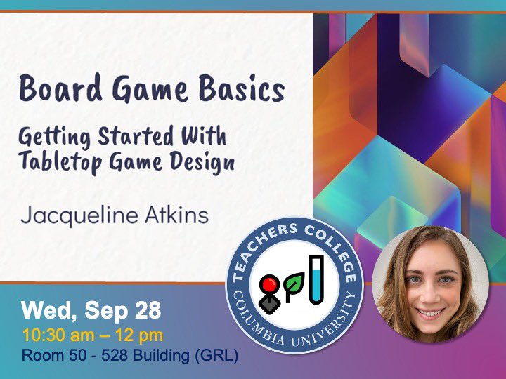tc_gameslab's tweet photo. Event: Jacqueline Atkins, @TC_CMLTD student &amp; Founder of @pudgycatgames, will lead a hands-on workshop on creating tabletop games! It will feature useful insights, design activities and practical guides to creating your own games. Wed, 10:30 am. @TeachersCollege students welcome! https://t.co/fseTPuINMt