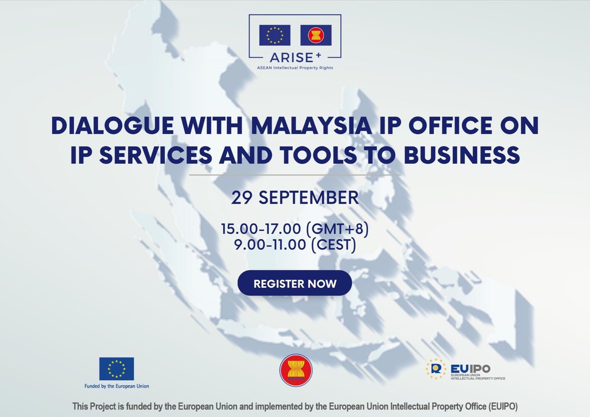 EUinASEAN's tweet photo. Protecting #IntellectualProperty (IP) rights is essential for growing your business.
For EU companies & local companies in Malaysia, find out how to use IP services & tools to grow your business through seminar from #ARISEplusIPR & MyIPO tomorrow.
RSVP: https://t.co/lJpydNlTPB https://t.co/iSL9wtvC0f