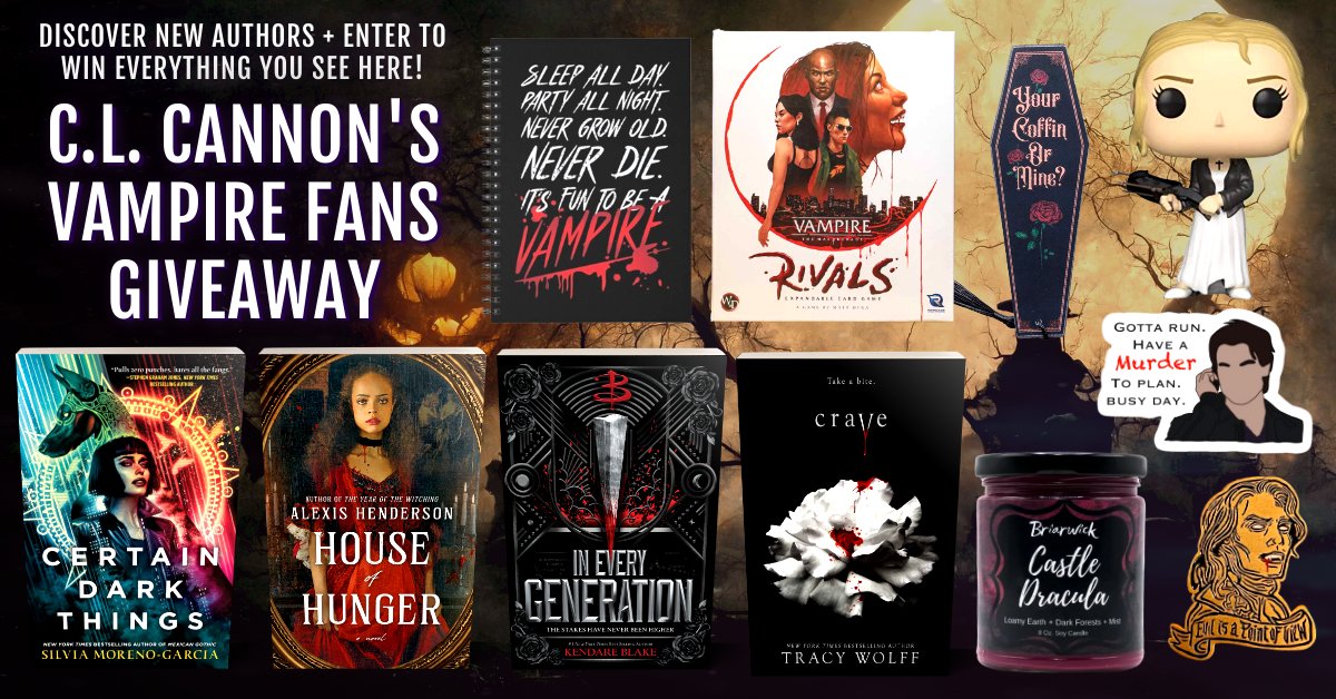 🧛‍♂️#Vampire fans, this #giveaway is for you!🧛‍♀️
🩸Enter: bit.ly/fangfans🩸
🦇#Win #CertainDarkThings, #HouseOfHunger, #InEveryGeneration, #Crave + Vampire the Masquerade: Rivals, Buffy Funko, Lost Boys notebook, Dracula candle, Lestat pin, Damon sticker, &amp; coffin bookmark🦇