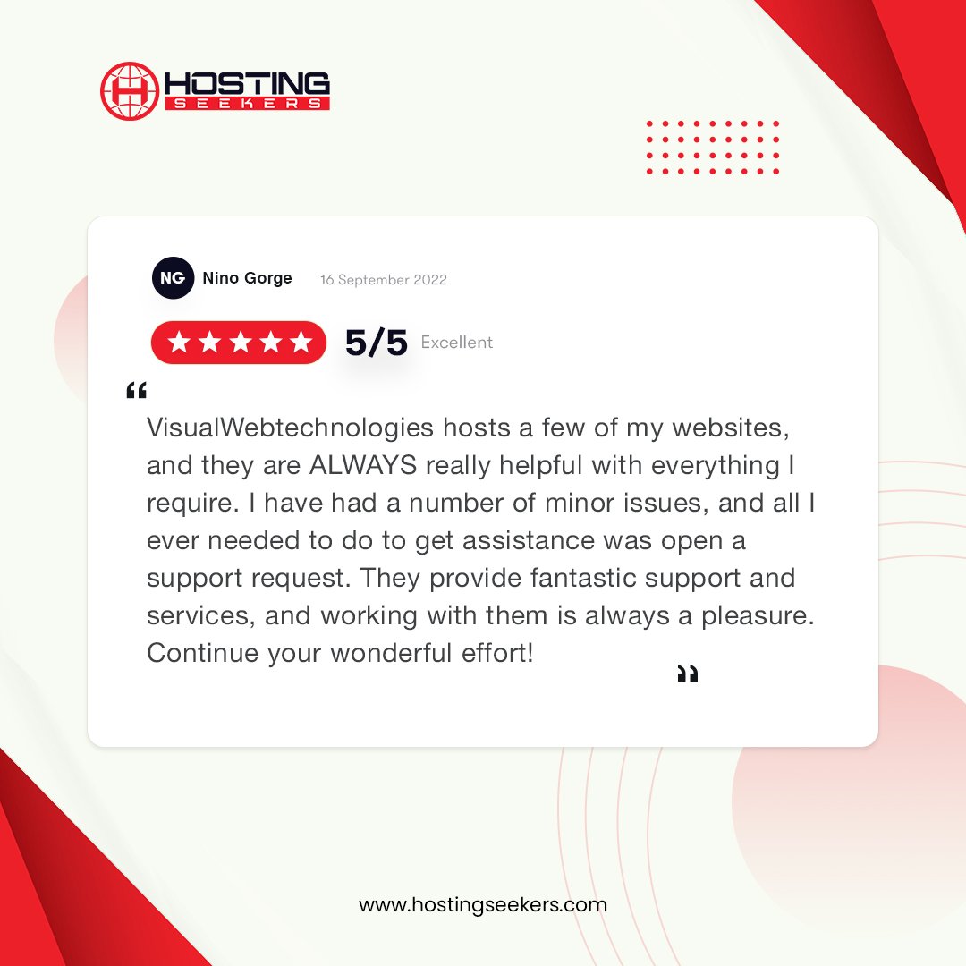 Hostingseekers1's tweet image. We are delighted to announce that Visual Web Technologies have been rated 5 stars review on HostingSeekers. 🏆🙌

👉Company Profile - hostingseekers.com/company/visual…

#webhosting #wsdhs #windowhosting #visualwebtechnologies #HostingSeekers #business #webhostingservices