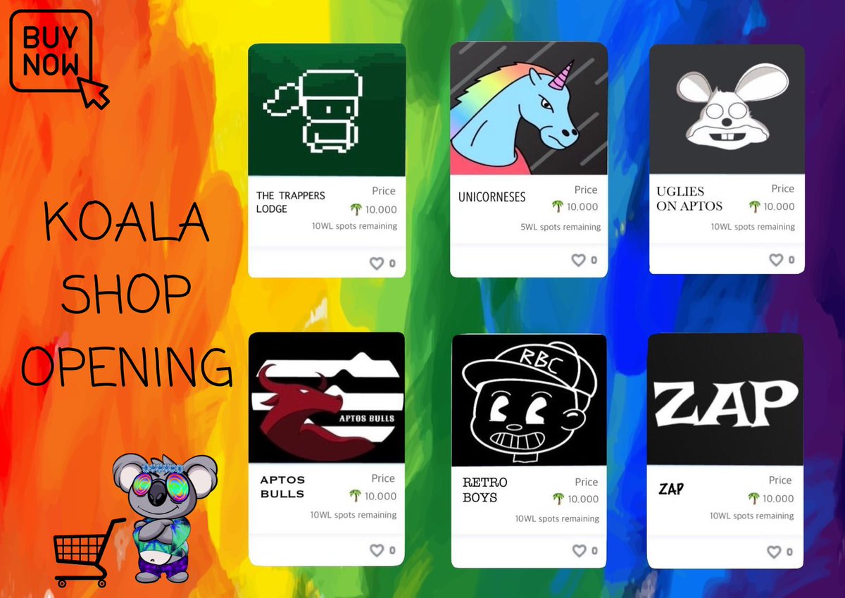 Koalas_Kingdom's tweet photo. Koala SHOP is OPEN 🛒🐨

We have a new feature in our koala discord! Link is LIVE on our profile! 🤯

Thanks to @AptosBulls @UnicornsesNFT @Ugliesonaptos @ZestPFPs @RetroBoysClub and @APTOSTRAPPERS for makin this possible🌈

#Aptos #AptosNFTs #NFT #LFM #AptosMovement https://t.co/3GPlSNK8XU