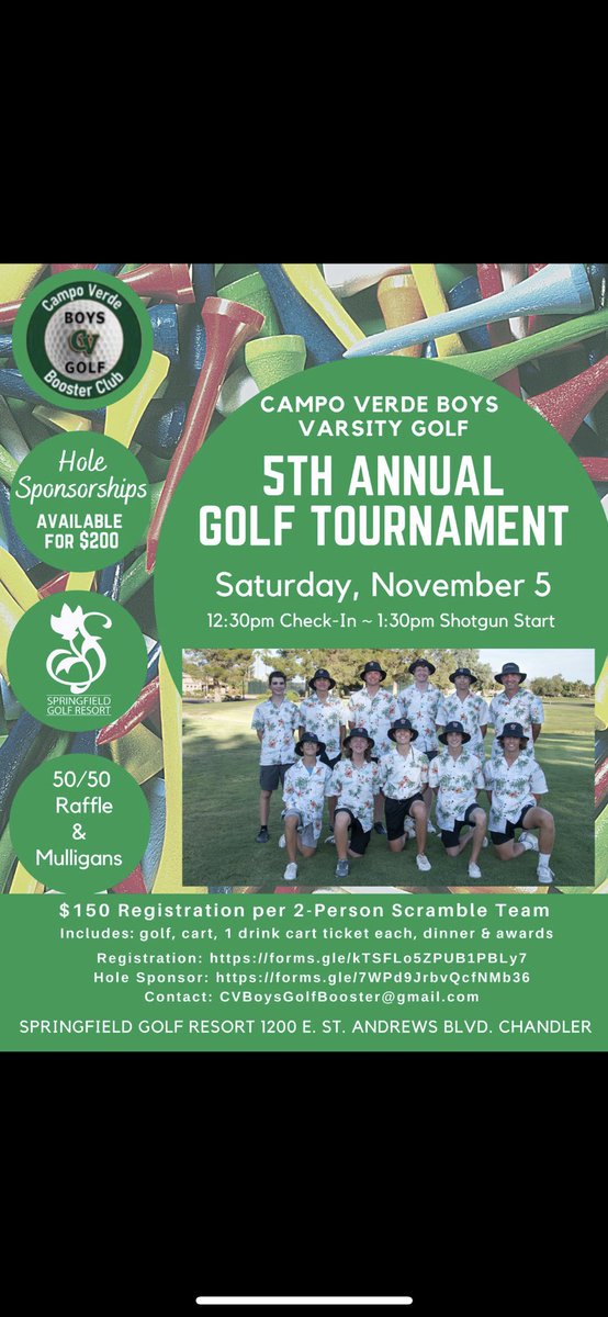 CampoVerdeGolf's tweet photo. Looking for a competitive 2 man scramble? Come join us for our annual fundraiser. All proceeds go to the Campo Verde Boys golf team. https://t.co/lGepCUbZwv