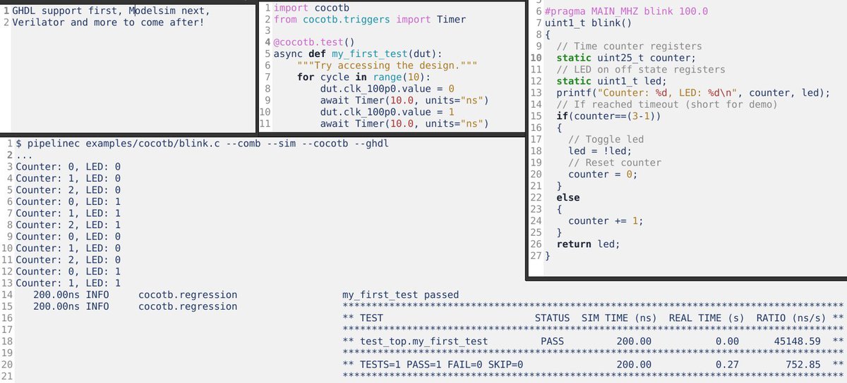 pipelinec_hdl's tweet photo. Starting @cocotbnews ๐ support for PipelineC simulation. Using #GHDL right now for #VHDL. #Modelsim should also be easily possible says docs. #Verilator support I hear is a little unstable with cocotb right now, and also requires a conversion of PipelineC's VHDL to #Verilog... https://t.co/8lg76E83h9