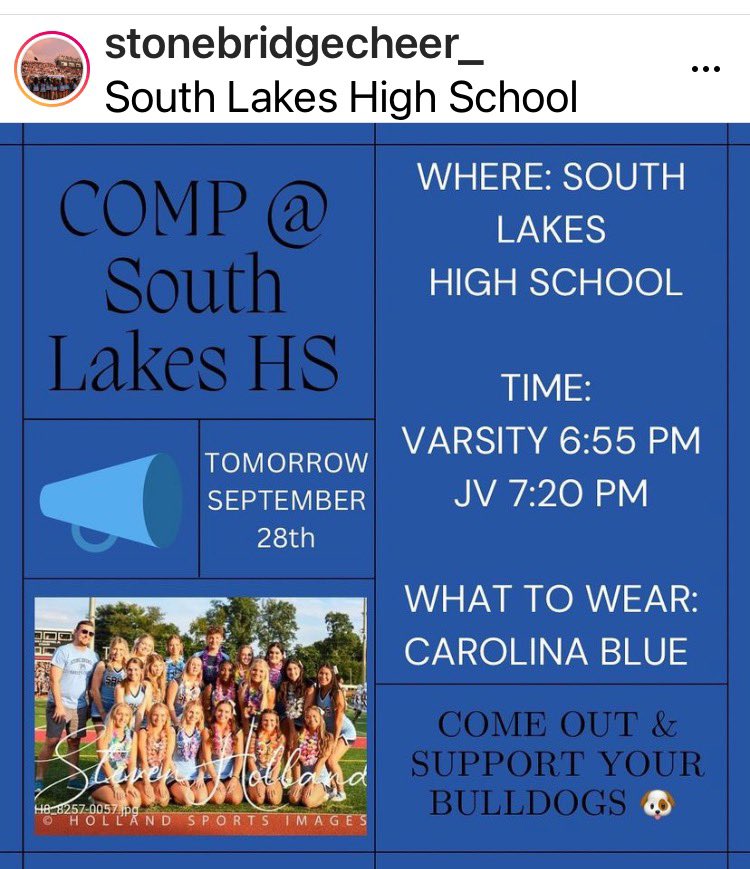Show your BULLDOG school spirit to our <a href="/SBHS_Cheer/">Stone Bridge Cheer</a> ! 

Let’s give them all the support they deserve at competition at Southlake high school! 

Show up and show your BULLDOGS SPIRIT!

GO BULLDOGS! 
.
.
<a href="/StoneBrBoosters/">SBHS Boosters</a> 
<a href="/StoneBridgeHS/">Stone Bridge High School</a>