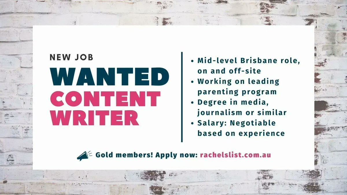 RachelsList's tweet image. RE-POST: Full-time, mid-level content writer, working on leading parenting program (BRIS, ON + OFF-SITE) buff.ly/3U9A4Cx #contentwritingjob #Brisbanewriters