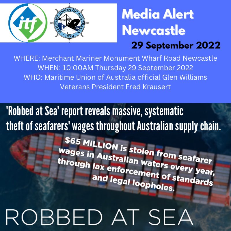 MEDIA ALERT + PRESS CONFERENCE #NEWCASTLE 
WHERE: Merchant Mariners Monument, Wharf Road, Newcastle
WHEN: 10:00AM Thursday 29 September 2022
WHO: MUA Newcastle Secretary Glen Williams and MUA Veteran Seafarer, Fred Krausert. #newcastlemedia #ausunions @HunterUnions