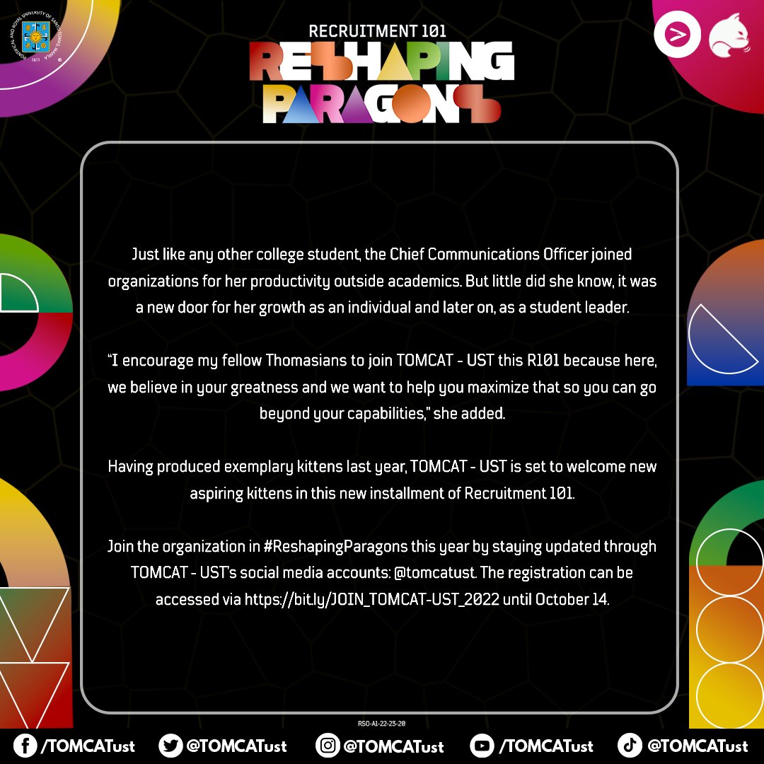 TOMCATust's tweet photo. Another year has come to us and this time, we’re #ReshapingParagons with TOMCAT - UST. Join the organization in venturing into the world of media and grow beyond your spheres.
To know more, read the article by Kelly Arimado and Chalssea Echegoyen: https://t.co/FW5JxMDyCM